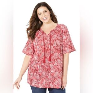 Catherines Red Paisley Short Sleeve Seasonless Gauze Peasant Top Size 4X